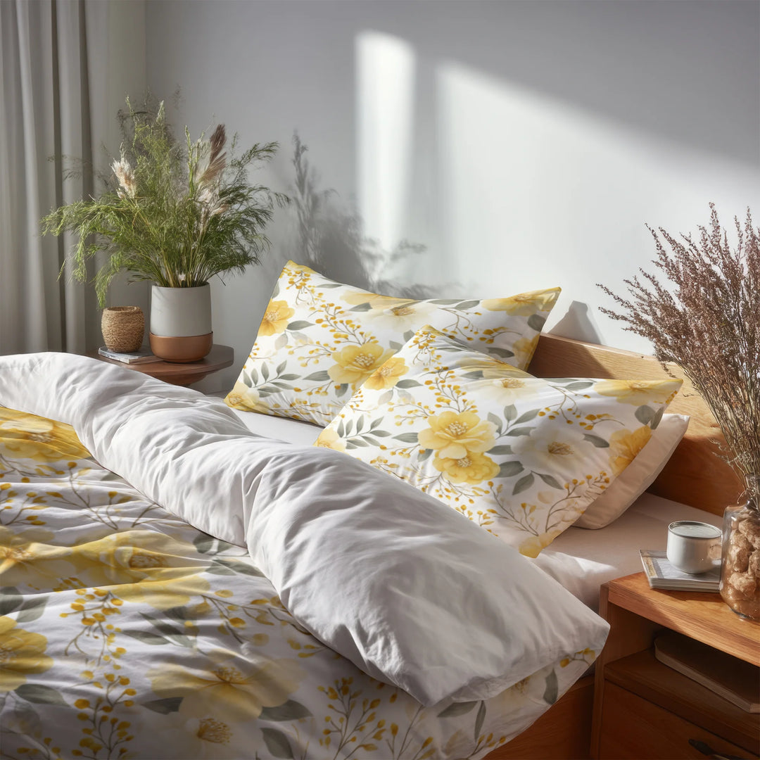 Floral 5 Pcs Bedding Set - Yellow Whisper Duvet Cover And Pillow Set