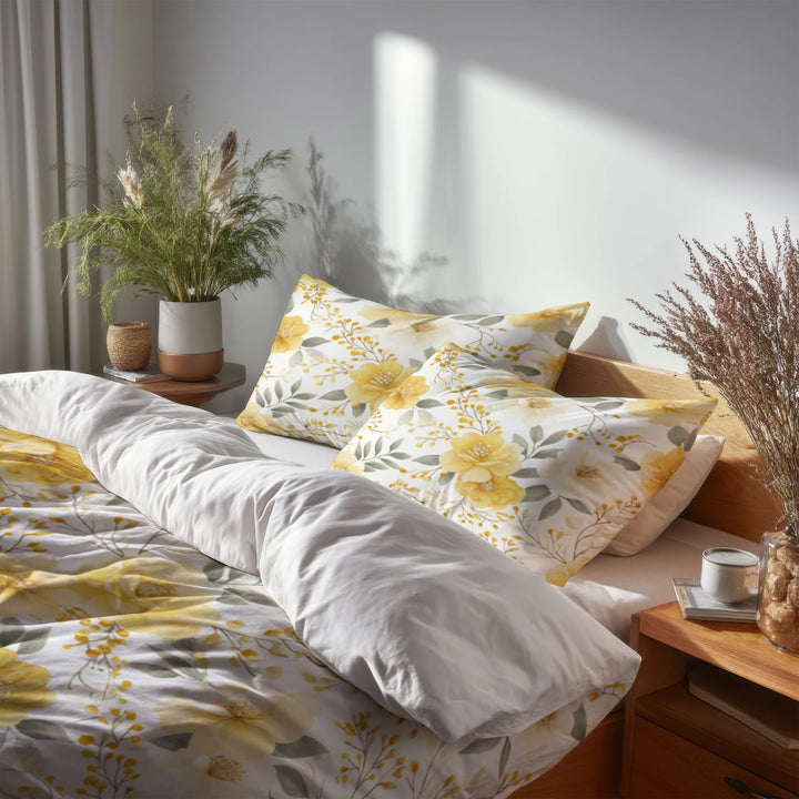 Floral 5 Pcs Bedding Set - Yellow Whisper Duvet Cover And Pillow Set