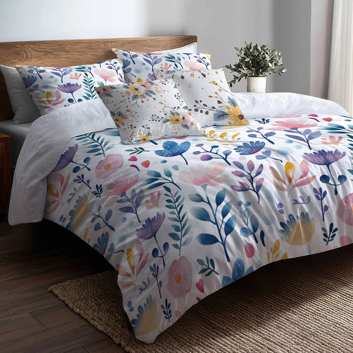 Floral Duvet Cover Set of 5 - Botanical Garden Bedding And Throw Pillow Set