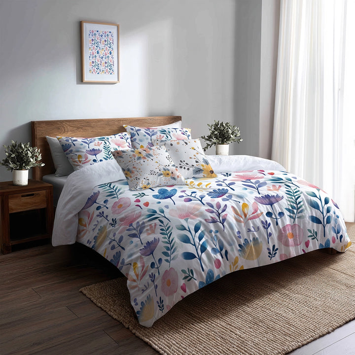Floral Duvet Cover Set of 5 - Botanical Garden Bedding And Throw Pillow Set