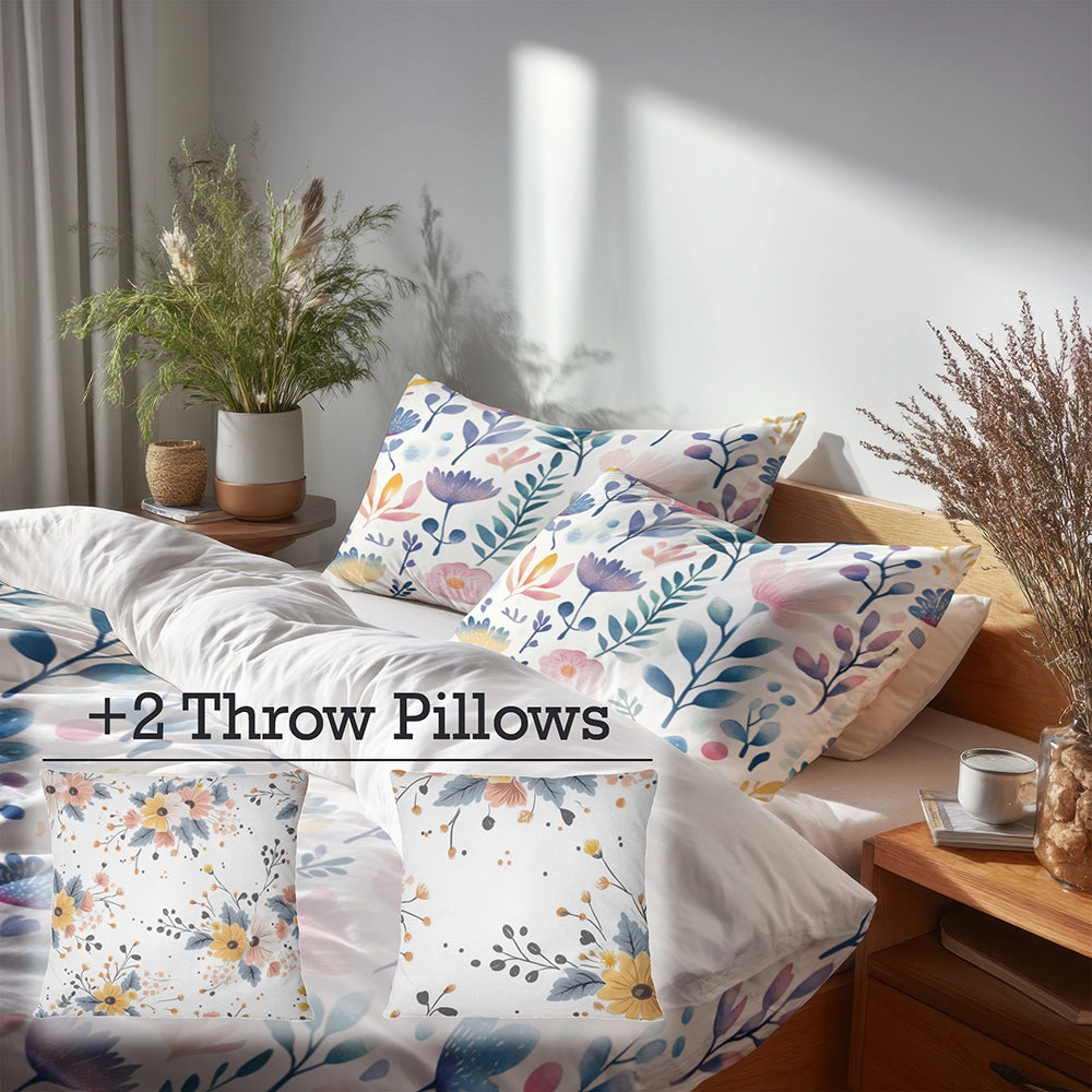 Floral Duvet Cover Set of 5 - Botanical Garden Bedding And Throw Pillow Set