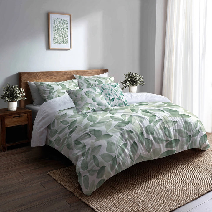 Floral Bedding Set 5 Pcs - Sage Petal Duvet Cover And Throw Pillow Set