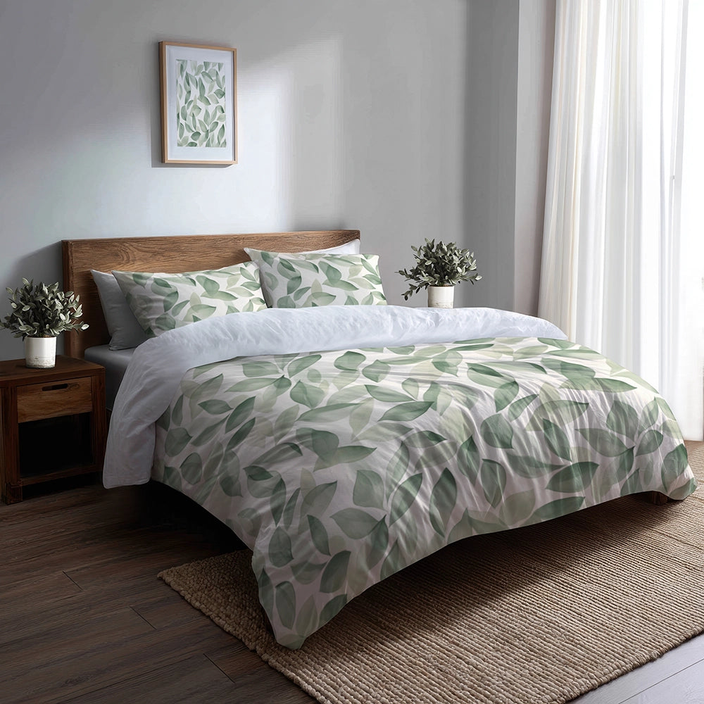 Floral Bedding Set 5 Pcs - Sage Petal Duvet Cover And Throw Pillow Set