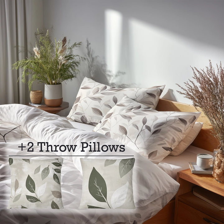 Floral Duvet Cover Set of 5 - Muted Meadow Bedding And Throw Pillow Set