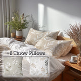 Country / Farmhouse Bedding Set of 5 - Muted Fern Meadow Duvet Cover And Throw Cushion Set