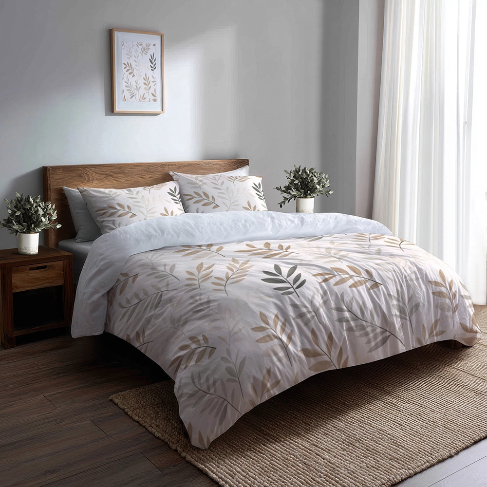 Floral Bedding Set 5 Pcs - Muted Fern Meadow Duvet Cover And Throw Pillow Set