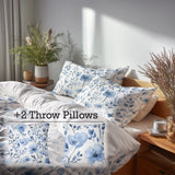 Floral Bedding Set 5 Pcs - Blue Meadow Duvet Cover And Throw Pillow Set