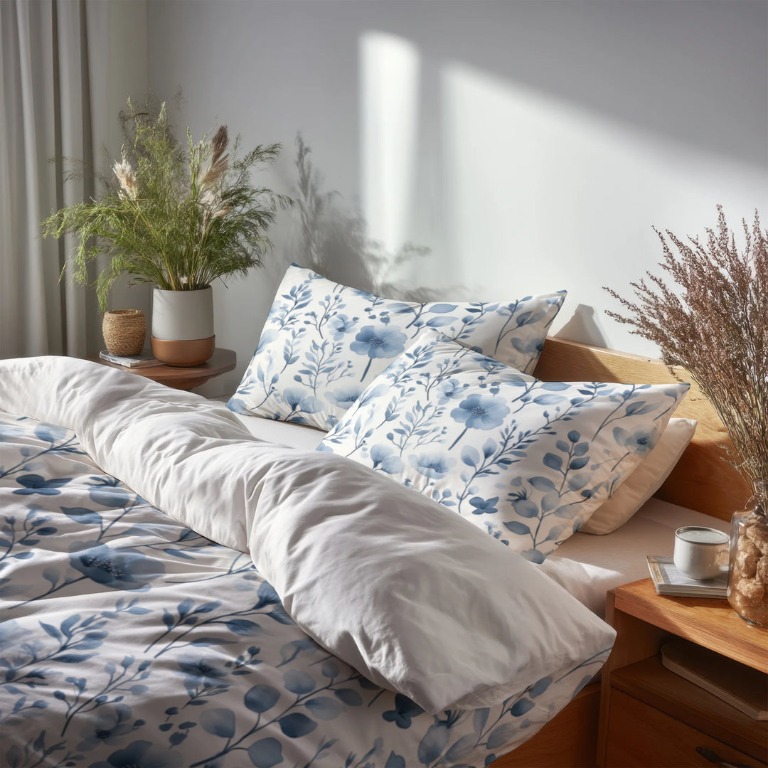 Floral Bedding Set 5 Pcs - Blue Meadow Duvet Cover And Throw Pillow Set