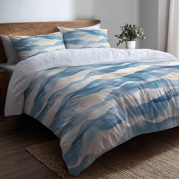 Modern 3 Pcs Bedding Set - Blue Dunes Duvet Cover with Shams