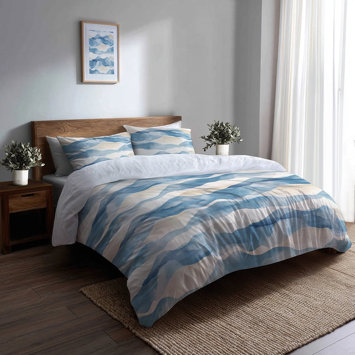 Modern 3 Pcs Bedding Set - Blue Dunes Duvet Cover with Shams