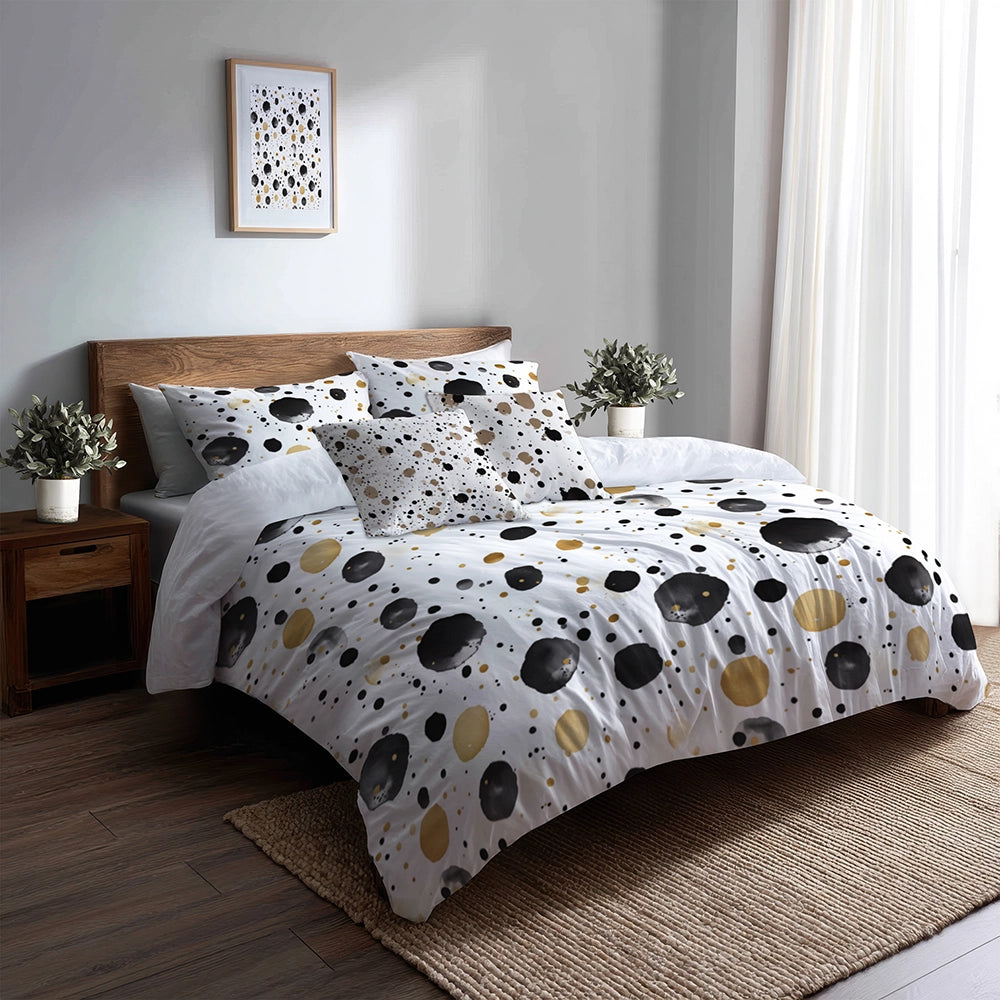 Abstract Duvet Cover Set of 5 - Black And Gold Bubble Bedding And Throw Pillow Set