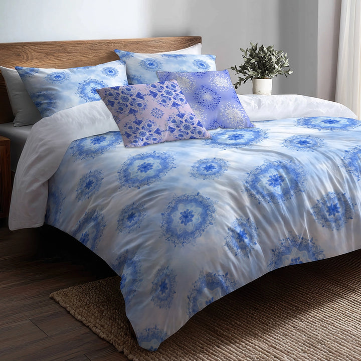 Abstract Duvet Cover Set of 5 - Blue And White Boho Mandala Bedding And Throw Pillow Set