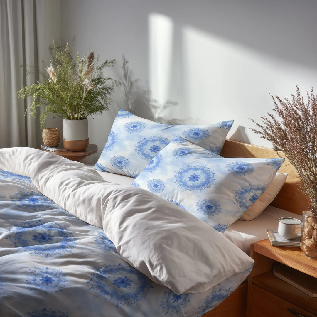 Abstract Duvet Cover Set of 5 - Blue And White Boho Mandala Bedding And Throw Pillow Set