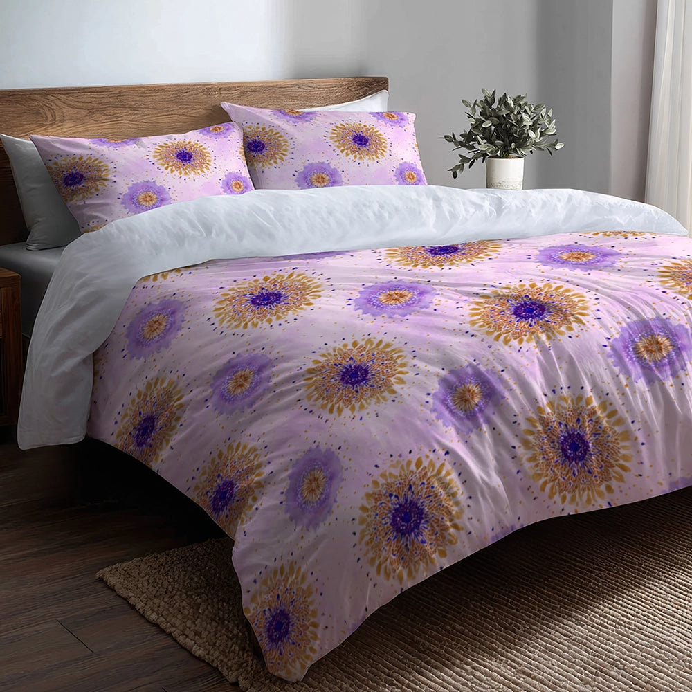 Abstract Duvet Cover Set of 5 - Purple And Gold Boho Mandala Bedding And Throw Pillow Set