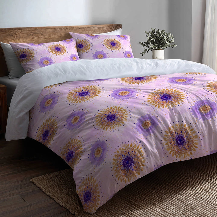 Abstract Duvet Cover Set of 5 - Purple And Gold Boho Mandala Bedding And Throw Pillow Set
