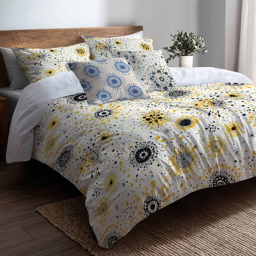 Modern Bedding Set - Yellow And Black Boho Mandala Duvet Cover And Cushion Set