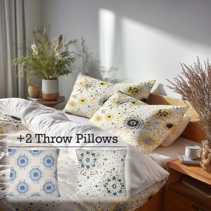 Modern Bedding Set - Yellow And Black Boho Mandala Duvet Cover And Cushion Set