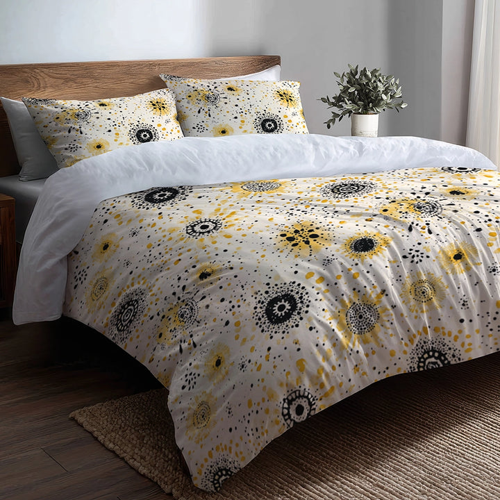 Modern Bedding Set - Yellow And Black Boho Mandala Duvet Cover And Cushion Set
