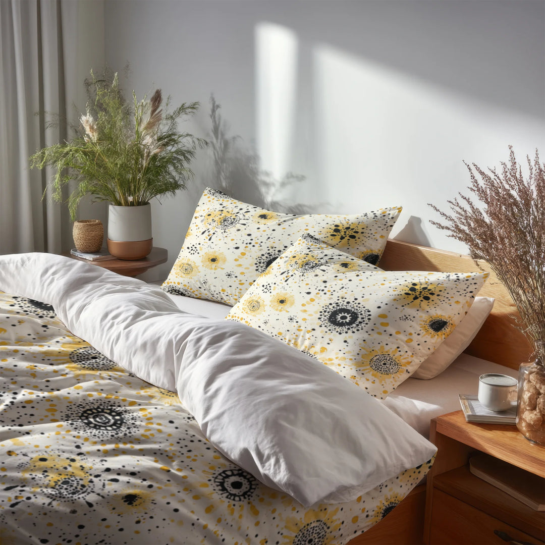 Modern Bedding Set - Yellow And Black Boho Mandala Duvet Cover And Cushion Set