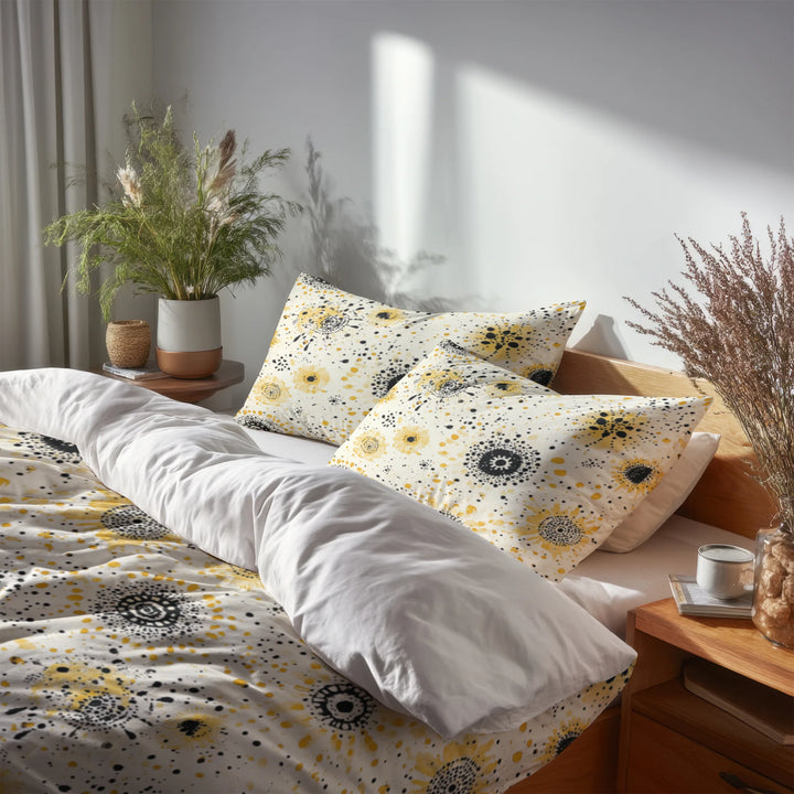 Modern Bedding Set - Yellow And Black Boho Mandala Duvet Cover And Cushion Set