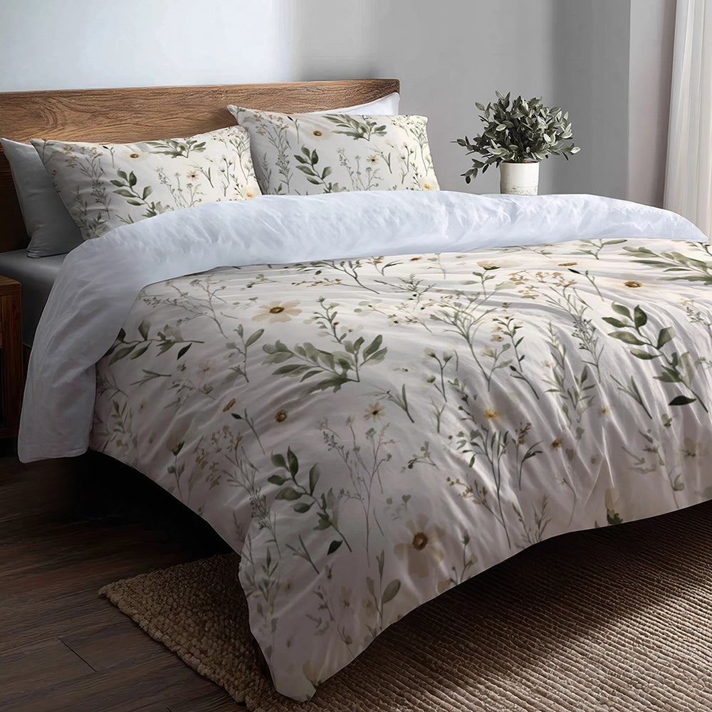Country / Farmhouse Bedding Set of 5 - Meadow Soft Botanical Duvet Cover And Throw Pillow Set