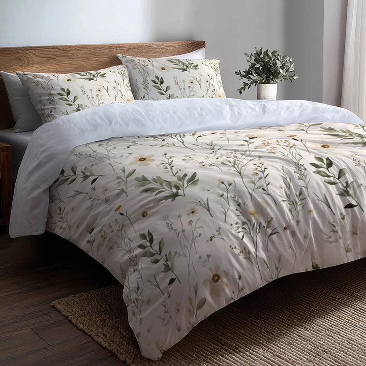 Country / Farmhouse Bedding Set of 5 - Meadow Soft Botanical Duvet Cover And Throw Pillow Set