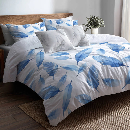 Floral Duvet Cover Set of 5 - Blue Feather Bedding And Throw Pillow Set