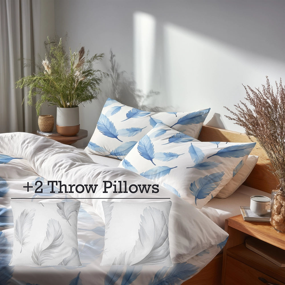Floral Duvet Cover Set of 5 - Blue Feather Bedding And Throw Pillow Set