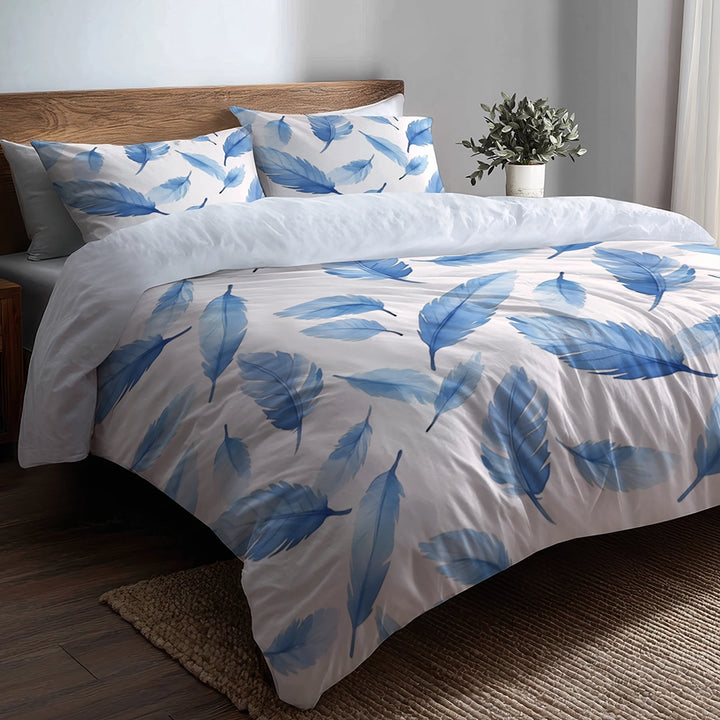 Floral Duvet Cover Set of 5 - Blue Feather Bedding And Throw Pillow Set