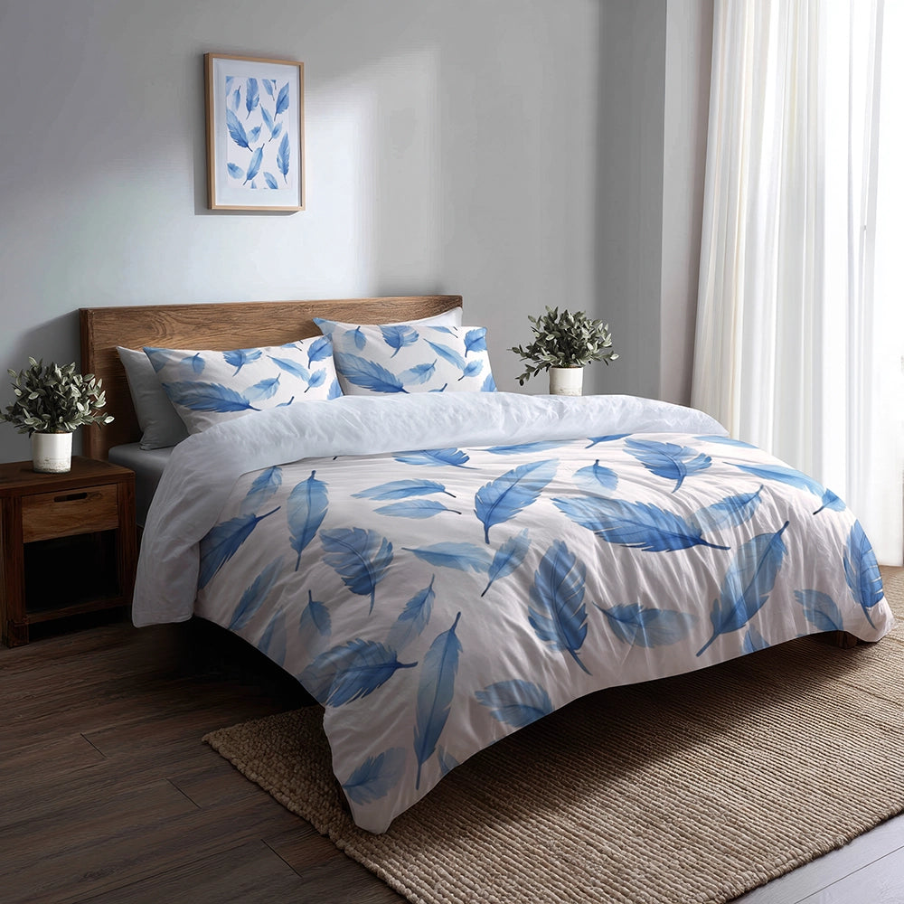 Floral Duvet Cover Set of 5 - Blue Feather Bedding And Throw Pillow Set