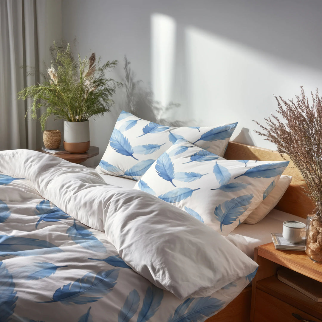 Floral Duvet Cover Set of 5 - Blue Feather Bedding And Throw Pillow Set