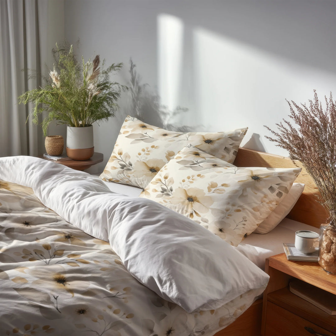 French Country Bedding Set of 5 - Sand Bloom Flowers Duvet Cover And Throw Cushion Set