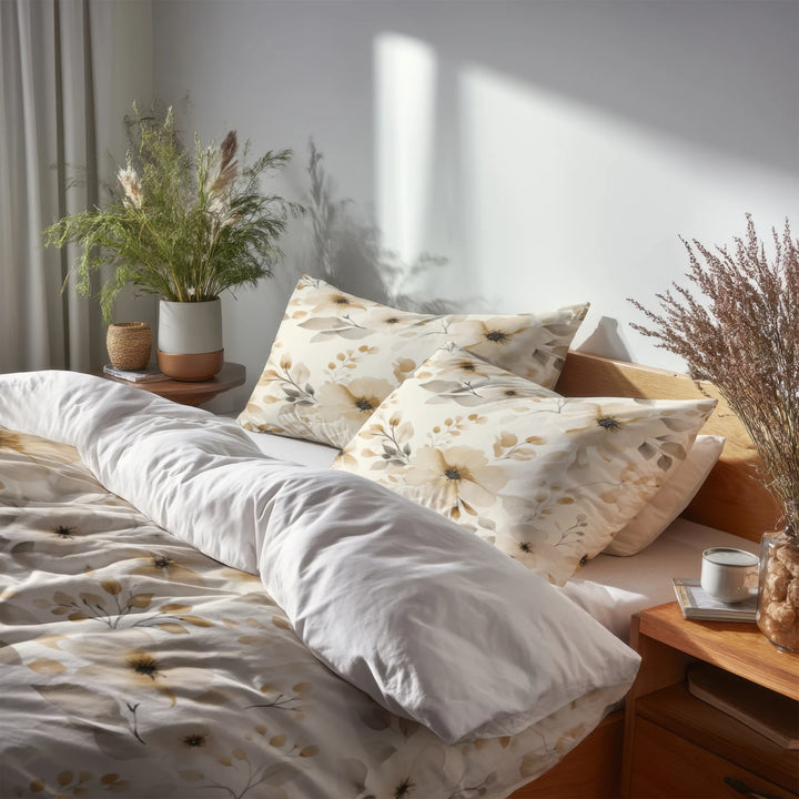 French Country Bedding Set of 5 - Sand Bloom Flowers Duvet Cover And Throw Cushion Set