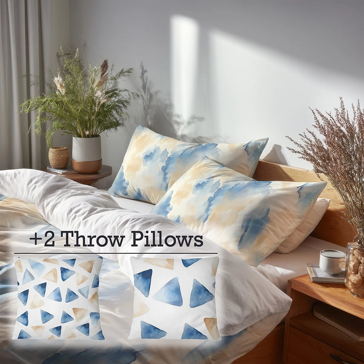 Coastal Bedding Set of 5 - Soft Cascade Duvet Cover And Throw Pillow Set