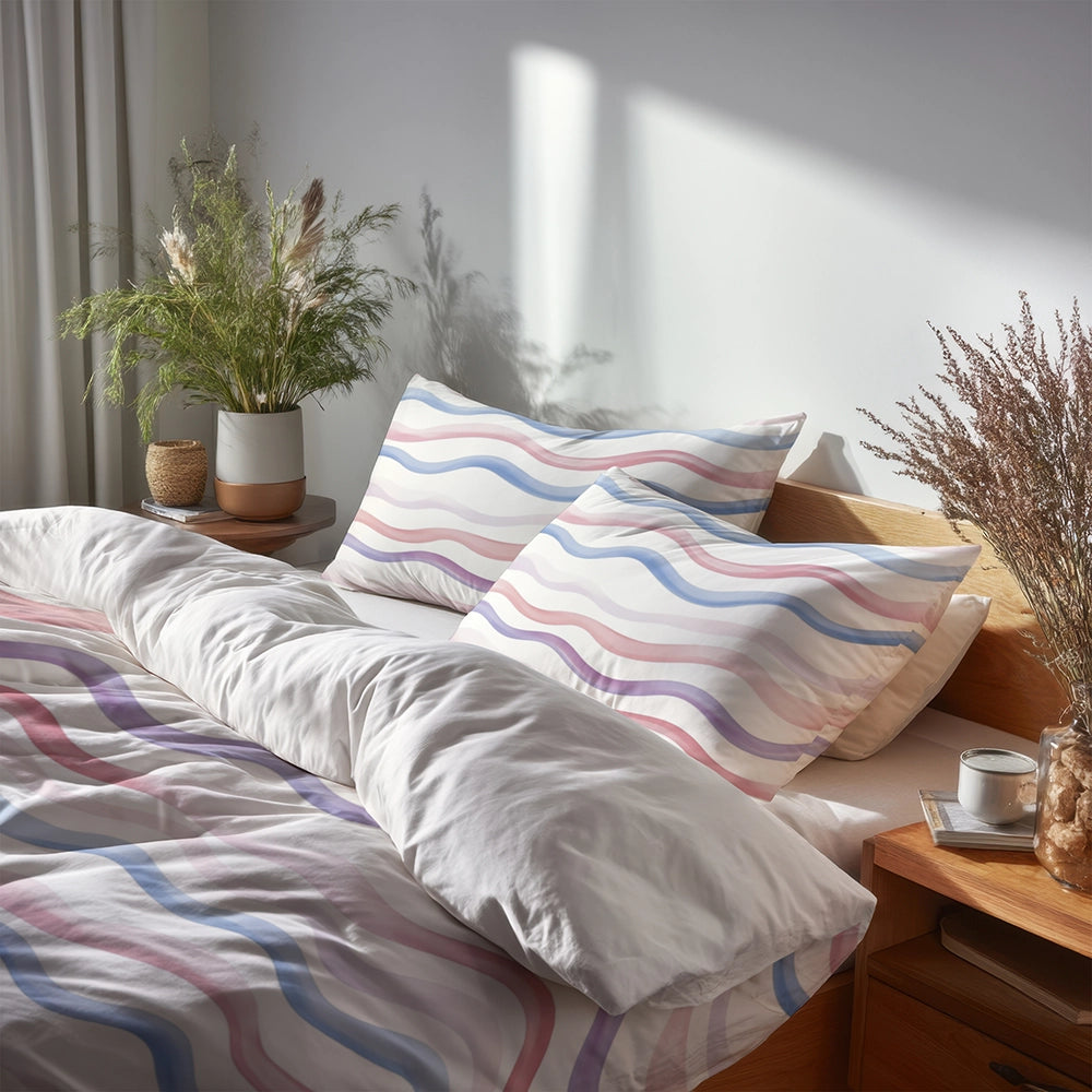 Modern 3 Pcs Bedding Set - Wavy Line Stripes Duvet Cover with Shams