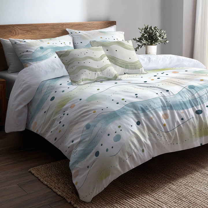 Dots Bedding Set 5 Pcs - Dotted Wave Of Ocean Duvet Cover And Throw Pillow Set