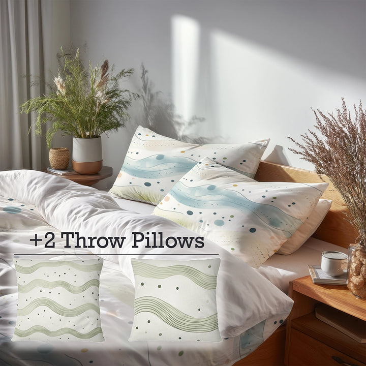 Dots Bedding Set 5 Pcs - Dotted Wave Of Ocean Duvet Cover And Throw Pillow Set