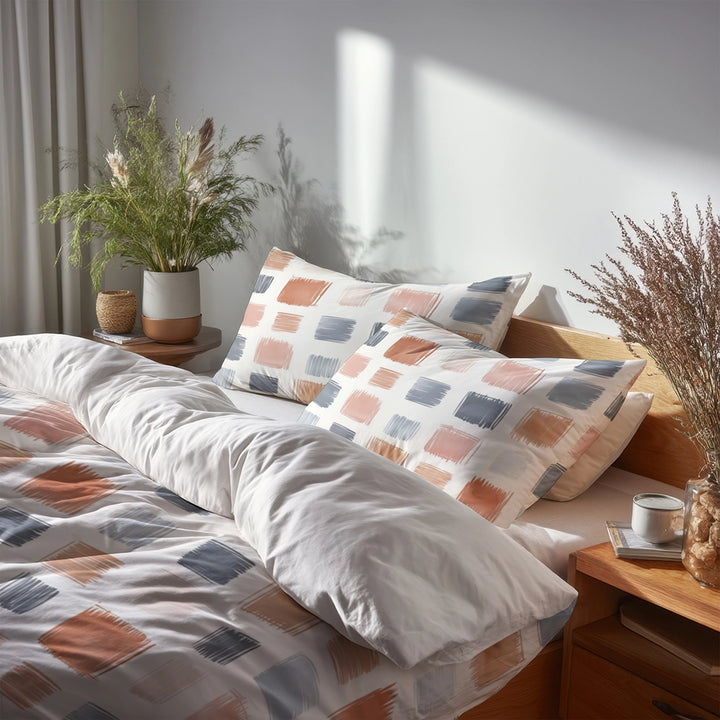 Modern 3 Pcs Bedding Set - Scandinavian Grid Of Pastel Colors Duvet Cover with Shams
