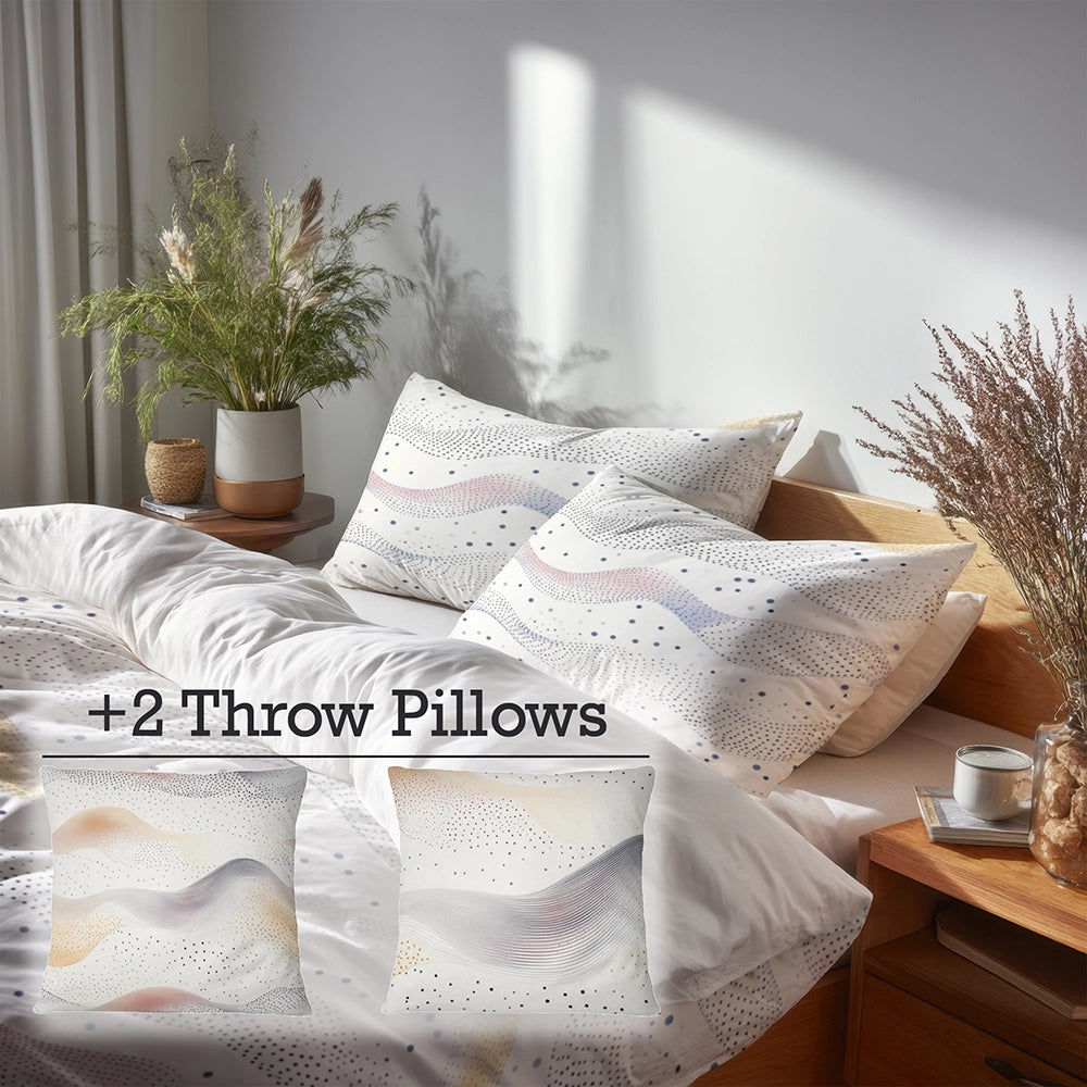 Modern Bedding Set of 5 - Wave Dot Ocean Duvet Cover And Throw Pillow Set