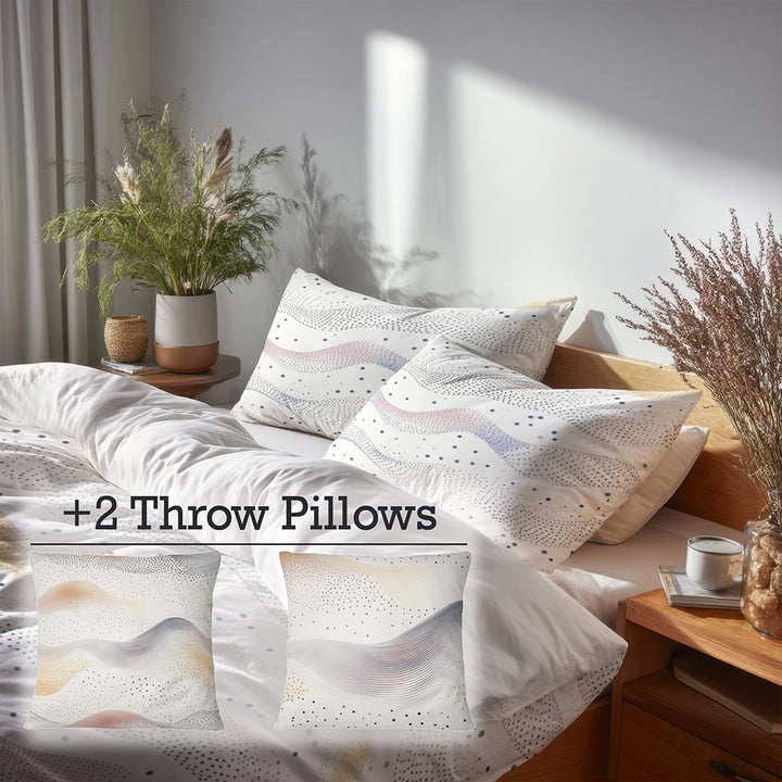 Modern Bedding Set of 5 - Wave Dot Ocean Duvet Cover And Throw Pillow Set
