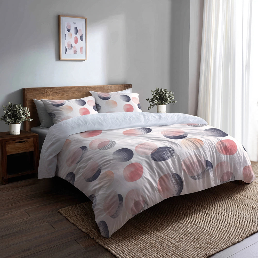 Modern Bedding Set of 3 - Pink Dot Calm Grid Duvet Cover with Shams