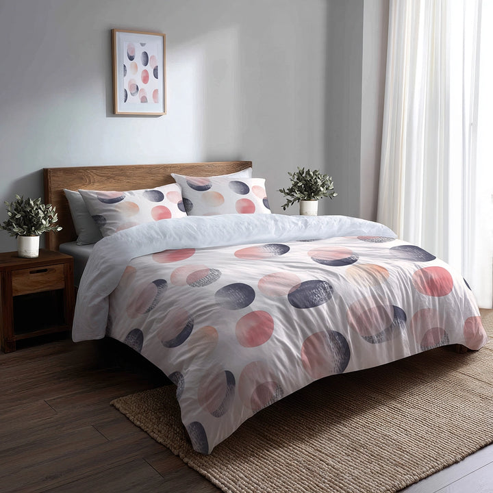 Modern Bedding Set of 3 - Pink Dot Calm Grid Duvet Cover with Shams