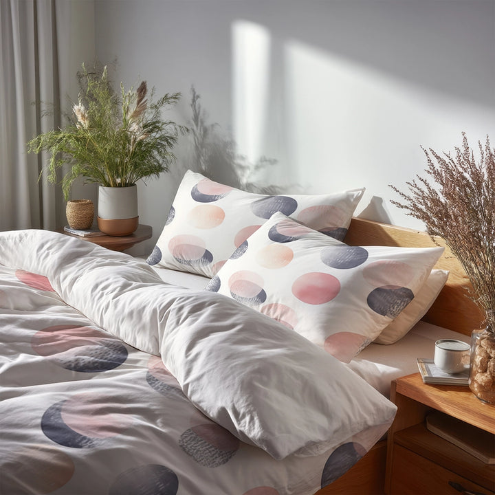 Modern Bedding Set of 3 - Pink Dot Calm Grid Duvet Cover with Shams