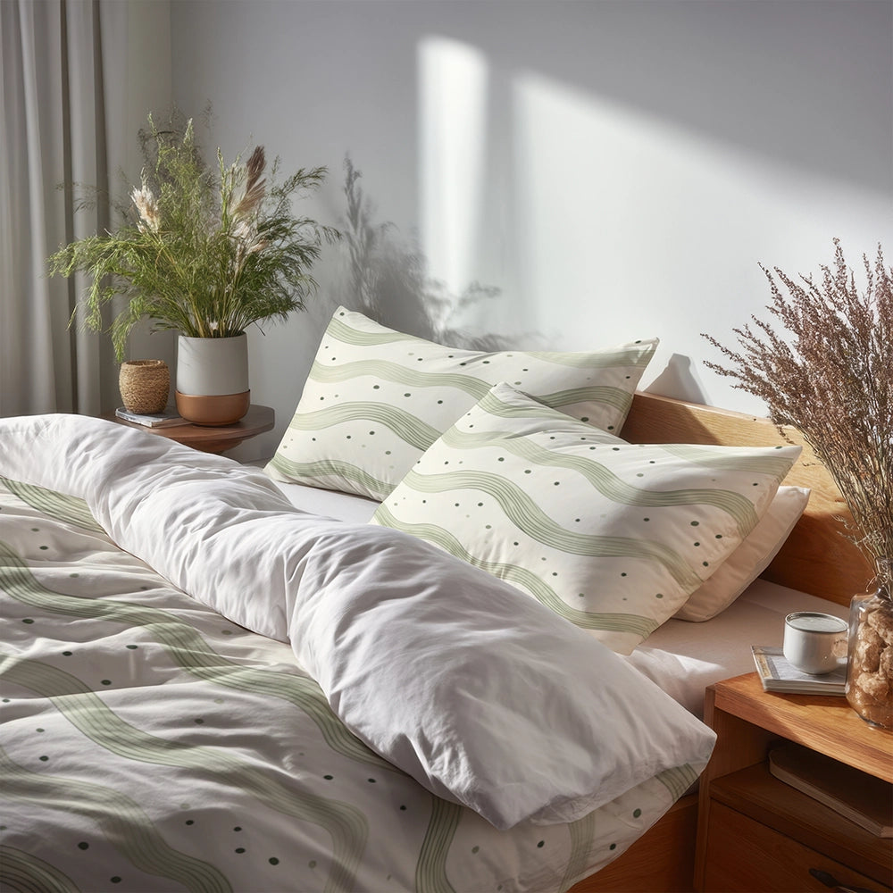 Dots Bedding Set - Wave Dot Olive Cream Duvet Cover Set