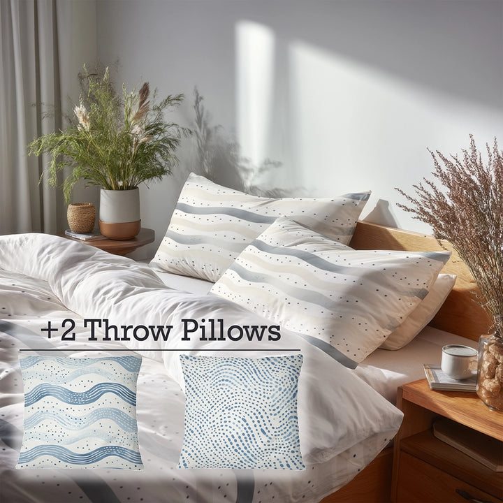 Modern Bedding Set of 5 - Dotted Wave Coastal Duvet Cover And Throw Cushion Set