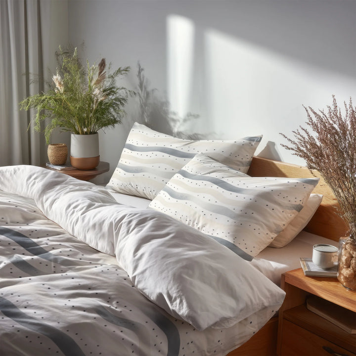 Modern Bedding Set of 5 - Dotted Wave Coastal Duvet Cover And Throw Cushion Set