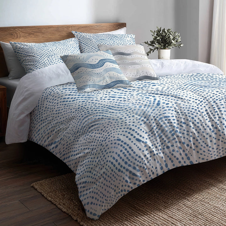 Dots Bedding Set 5 Pcs - Dotted Wave Coastal Duvet Cover And Throw Pillow Set
