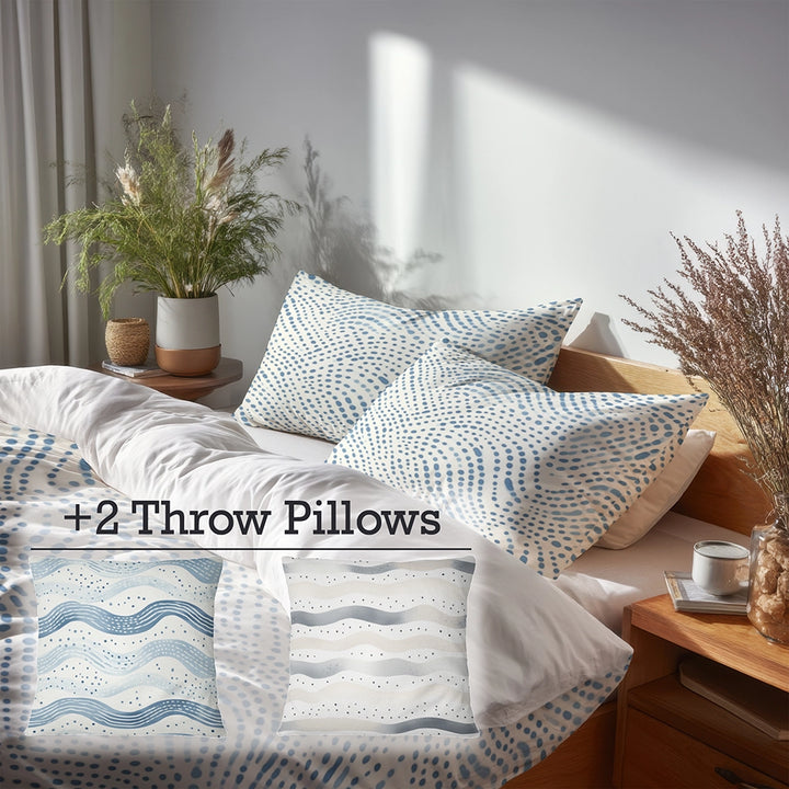 Dots Bedding Set 5 Pcs - Dotted Wave Coastal Duvet Cover And Throw Pillow Set