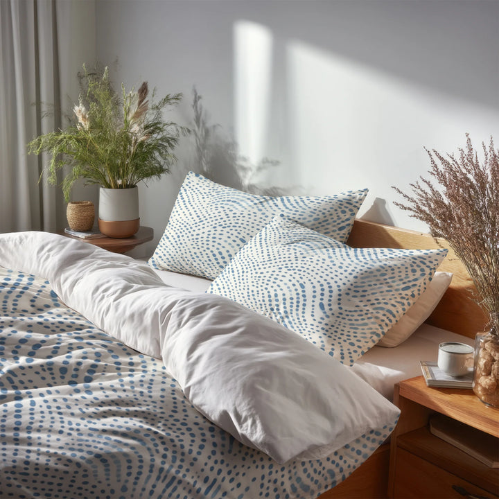 Dots Bedding Set 5 Pcs - Dotted Wave Coastal Duvet Cover And Throw Pillow Set