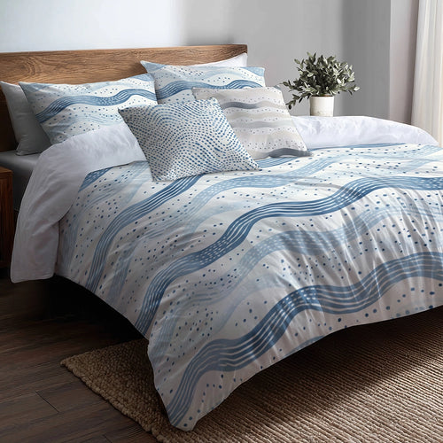 Coastal Bedding Set - Dotted Wave Coastal Duvet Cover And Cushion Set